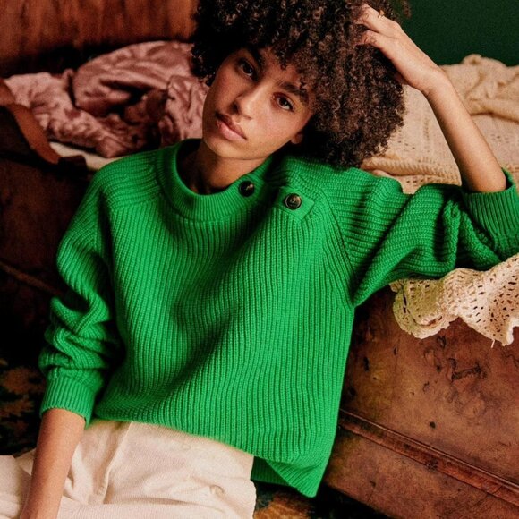 Sézane Bright Green Chunky Knit Cropped Sweater XXS - Picture 2 of 8